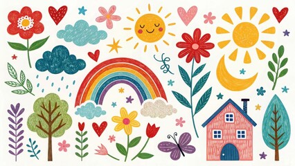 Whimsical crayon textured collection of nature elements and a house rainbow clouds