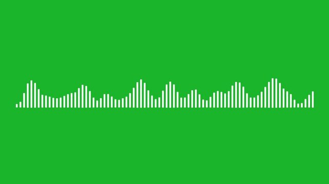 White audio visualizer animation on green screen background. Music equalizer, waveform spectrum, audio waves, sound frequency lines. Includes chroma key green, alpha channel transparent background