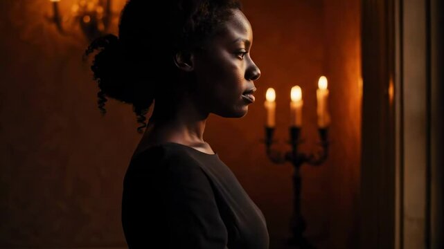 darkest skin women - A contemplative woman gazes out of a window, illuminated by candlelight, reflecting on her thoughts in a vintage room with warm tones and soft shadows