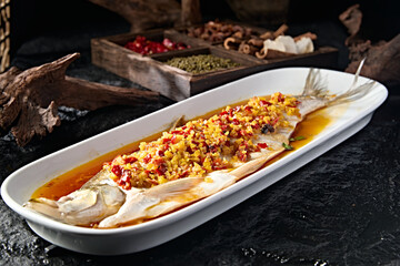 Chinese food Hunan cuisine Steamed white fish with black bean and chopped pepper
