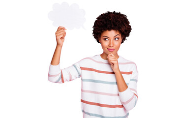 Photo of pretty dark skin lady holding in hand empty paper mind cloud wondering to read dialogue...