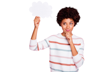 Photo of pretty dark skin lady holding in hand empty paper mind cloud wondering to read dialogue answer wear striped pullover isolated pastel pink color background