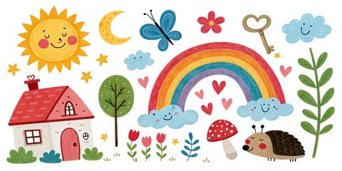 Whimsical hand drawn illustration of a cheerful sun moon rainbow house and hedgehog image