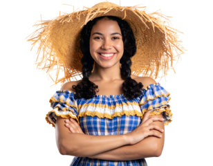 A cheerful young woman in traditional June Festival attire smiles brightly with arms crossed.