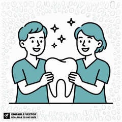 Dentist team holding tooth illustration for dental care and oral hygiene concept vector drawing design