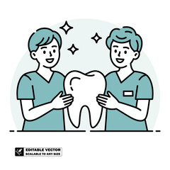 Dentist team holding tooth illustration for dental care and oral hygiene concept vector drawing design
