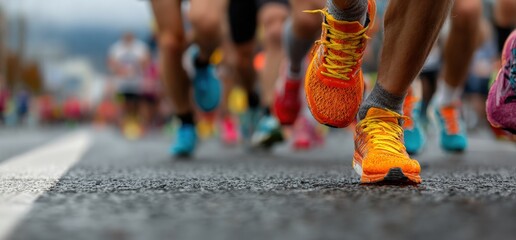 Athletes running a marathon on a city street, wearing colorful running shoes, competing in a sports event