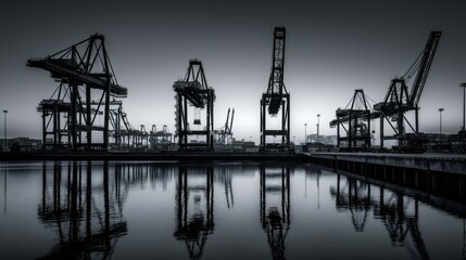 Obraz premium Cranes tower over a tranquil harbor as dusk settles, reflecting their shapes in the still water, creating a dramatic contrast of shadows and light in an industrial setting