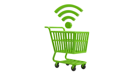 Green shopping cart with wifi signal icon above. Online shopping concept for e-commerce and digital marketplace on transparent background.