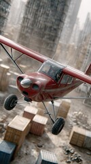 Fototapeta premium Cessna plane soars over Alaskan port amidst cargo containers and city skyline at golden hour with vibrant colors and high contrast