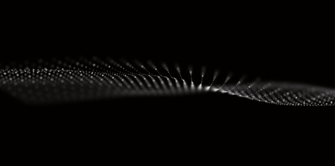 Dynamic white particle wave. Abstract sound visualization. Flow digital structure. Mesh landscape or grid data technology.