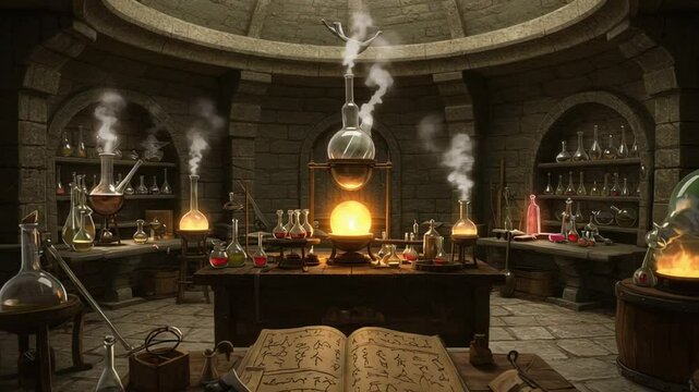 Alchemist's laboratory with bubbling potions and books