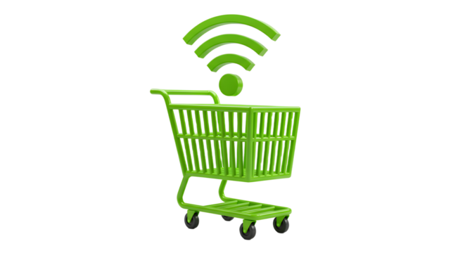 Green shopping cart with wifi signal icon above. Online shopping concept for e-commerce and digital marketplace on transparent background. - Powered by Adobe