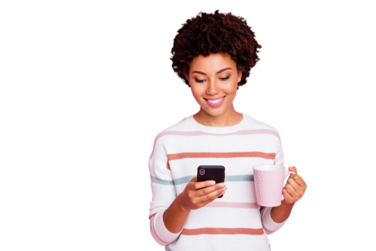 Photo of trendy stylish curly wavy nice cute charming sweet pretty youngster using modern technologies to know new information holding wear white striped sweater isolated pastel color background