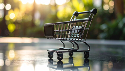 Miniature shopping cart on reflective surface. Online shopping, retail, e-commerce and purchasing.