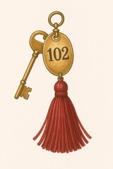 Vintage hotel key with red tassel and room number
