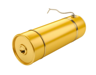 A striking golden explosive device featuring a prominent fuse signifies valuable power and impending action.