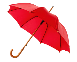 Red umbrella wooden handle curved open isolated transparency background rain protection classic style vibrant accessory