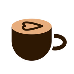 Flat icon of coffee cup with heart-shaped latte art on top. Minimal vector illustration. Hot drink and coffee break concept