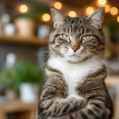 Fototapeta premium A grumpy tabby cat sits with crossed paws, displaying a serious demeanor. The background features soft lighting and blurred greenery, creating a warm atmosphere