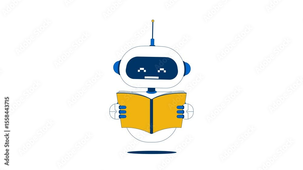 Poster smiling robot floating with open book 2d character animation. artificial intelligence, education. pi