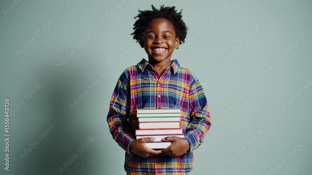 Poster young student holding stack of books, expressing joy while standing and smiling directly at camera a