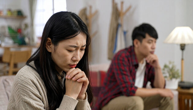 A couple sits apart in a living room, both appearing deep in thought, suggesting a moment of tension or disagreement.