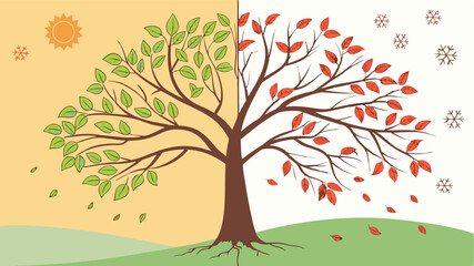 Obraz premium Illustration of a tree depicting summer and autumn with leaves, sun and snowflakes in the background