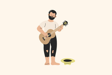 Barefoot Homeless Man Playing Guitar Illustration