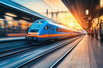 Fototapeta premium A blue and orange train speeding through a station platform at sunset with motion blur effect used here