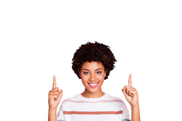 Closeup photo of amazing dark skin wavy lady sales person indicating fingers up empty space  wear...
