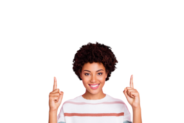 Closeup photo of amazing dark skin wavy lady sales person indicating fingers up empty space  wear striped pullover isolated pastel pink color background