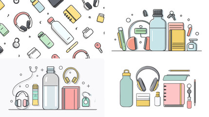 Flat vector illustration of daily essentials including water bottles, headphones, notebooks, and gadgets for personal routine, fitness, and lifestyle content.

