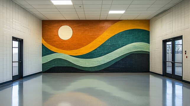 Colorful mural of waves on wall