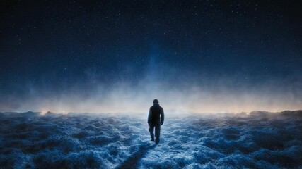Lonely figure standing under star-filled sky in a surreal snowy landscape