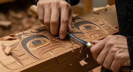 Indigenous Wood Carving: Detail of Hands Crafting Traditional Art