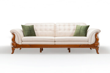Front view of a classic tufted sofa in a light cream fabric, featuring a carved wooden base and two green accent pillows, isolated on white.