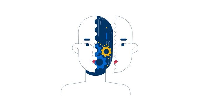 Human head split open to reveal mechanical gears circuits 2D character animation. Cogs rotating. Artificial intelligence integration animated person cartoon 4K video isolated on white transparent