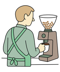  Illustration of a male barista grinding coffee beans using a coffee grinder machine. Great for content related to coffee preparation and cafés.

