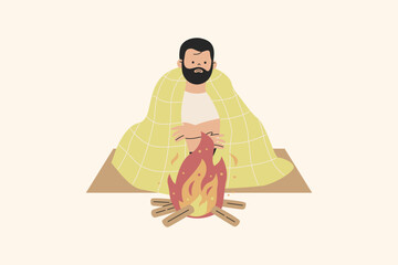 Homeless Man Sitting Near Fire Illustration
