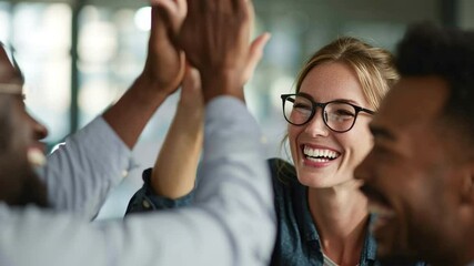 ultra-realistic medium shot of two multi-ethnic colleagues enthusiastically high-fiving after a successful project discussion in a modern office, soft diffused natural light, genuine smiles
