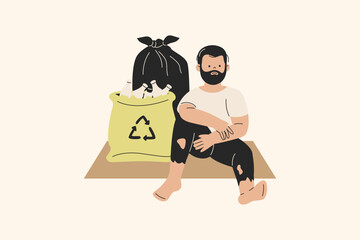 Homeless Man Sitting near Garbage Illustration
