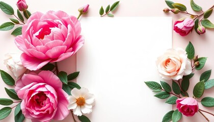 Elegant pink peony, white rose & greenery wedding stationery suite vector template,  printable,  rsvp