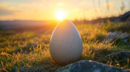 Large egg atop grassy hill at sunset