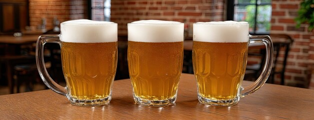 Golden beer mugs on a wooden table in a traditional German pub during daylight, showcasing vibrant colors and a lively atmosphere