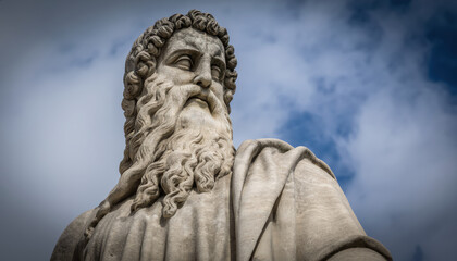 Fototapeta premiumA majestic stone statue of an ancient bearded figure stands against a cloudy sky backdrop, evoking a sense of timeless grandeur and historical significance.