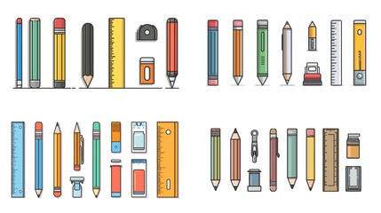 Obraz premium Colorful flat vector illustration of school stationery including pencils, rulers, erasers, sharpeners, pens, and markers for back-to-school and education themes.