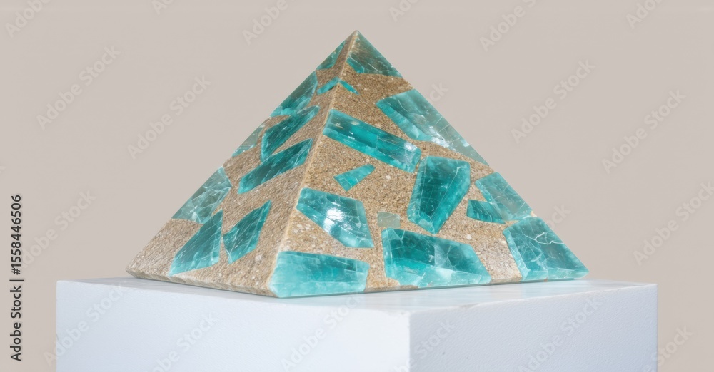 Poster pyramid sculpture. turquoise stones embedded within sandy structure. simple white base supports geom