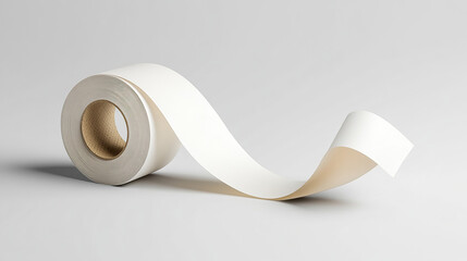 Unwinding white tape roll with a cardboard core, casting a soft shadow on a neutral surface.