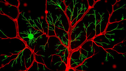 Nascent angiogenesis assay (16:9), where peripheral cells (green filaments) direct new vessels (red), with VEGF gradient (blue heatmap) --ar 16:9 --quality 100 